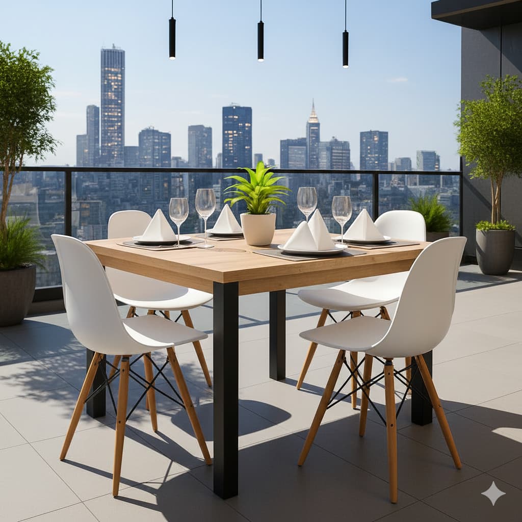Mesa de Jantar Quadrada 90x90 Estilo Minimalista com Cadeiras Eames Em Cores