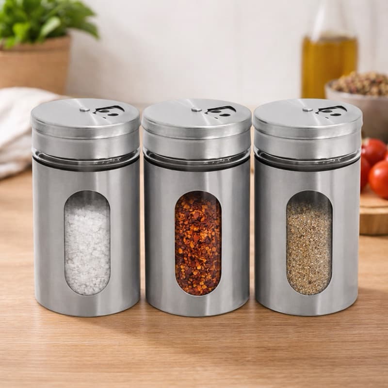 Porta Condimento de Mesa Vidro e Inox 90ml Kit com 3 Unidades Queijeira Saleiro