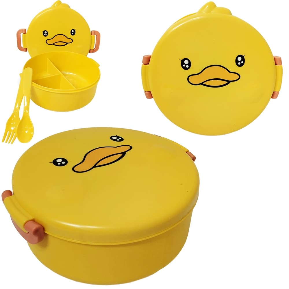 Marmita Plástica Formato Pato com 3 Divisórias + Colher e Garfo Para Lanches e Escola