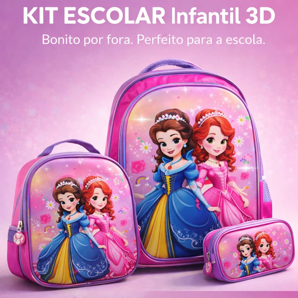 Kit Escolar Infantil 3D Princesas Mochila Alto Relevo Lancheira Térmica Estojo