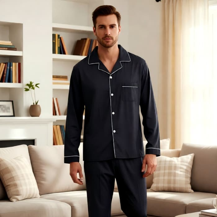 Conjunto Pijama Masculino Longo com Botões e Bolso - Roupa de Dormir Confortável, Estilo Moderno e Elegante