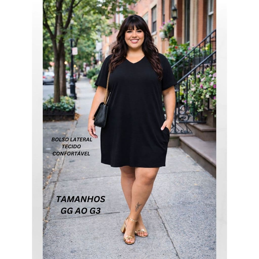 Vestido Plus Size Feminino Casual com Bolso Lateral Confortável Elegante para o Dia a Dia