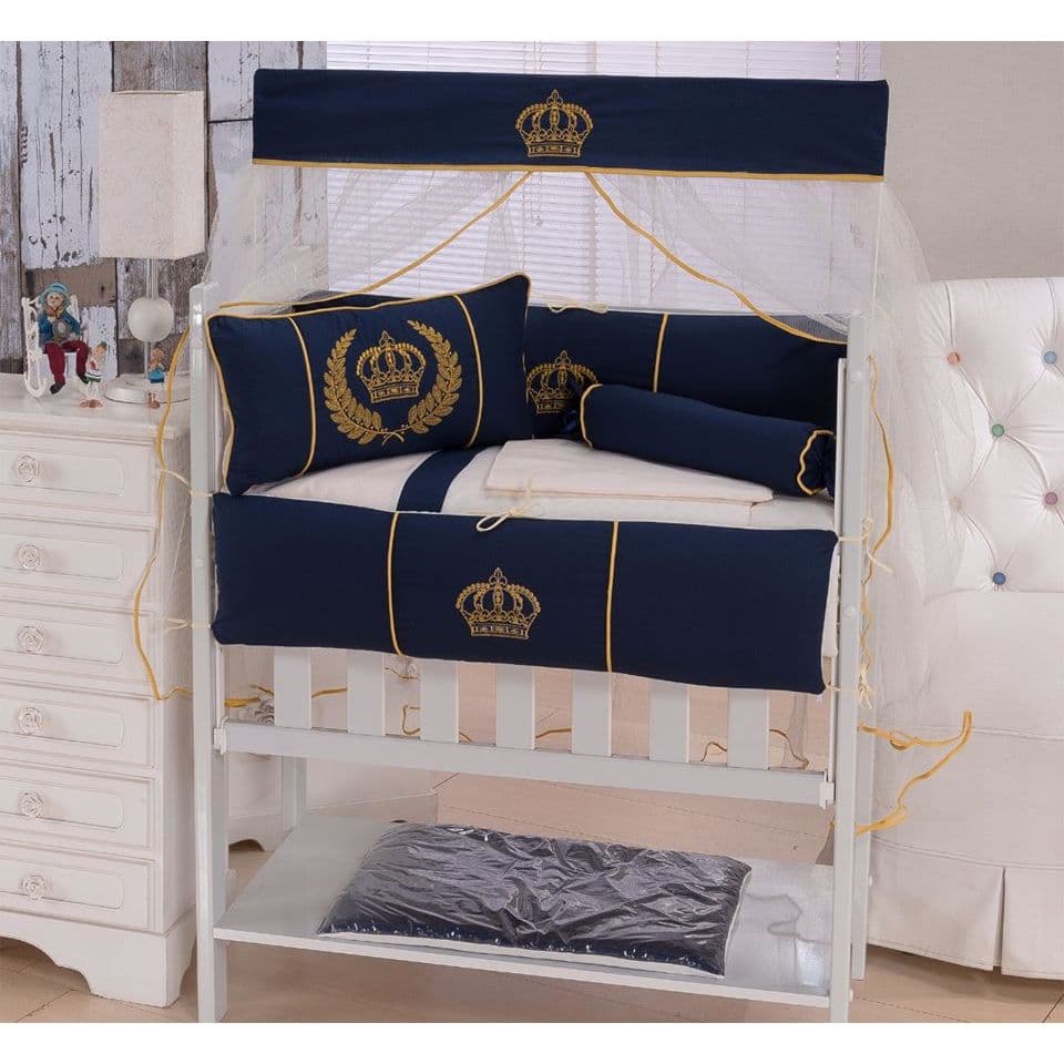 Kit Mini Berço Menino Luxo Completo 11 Peças Bordado C/ Saia