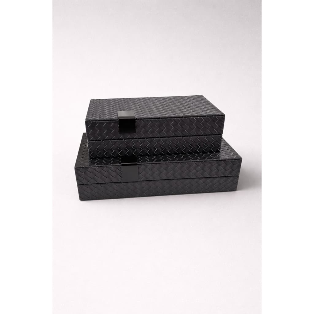 Kit 2x Caixa Decorativa Trançada Cor Preta Feito em MDF e Couro PU Decoração Sala