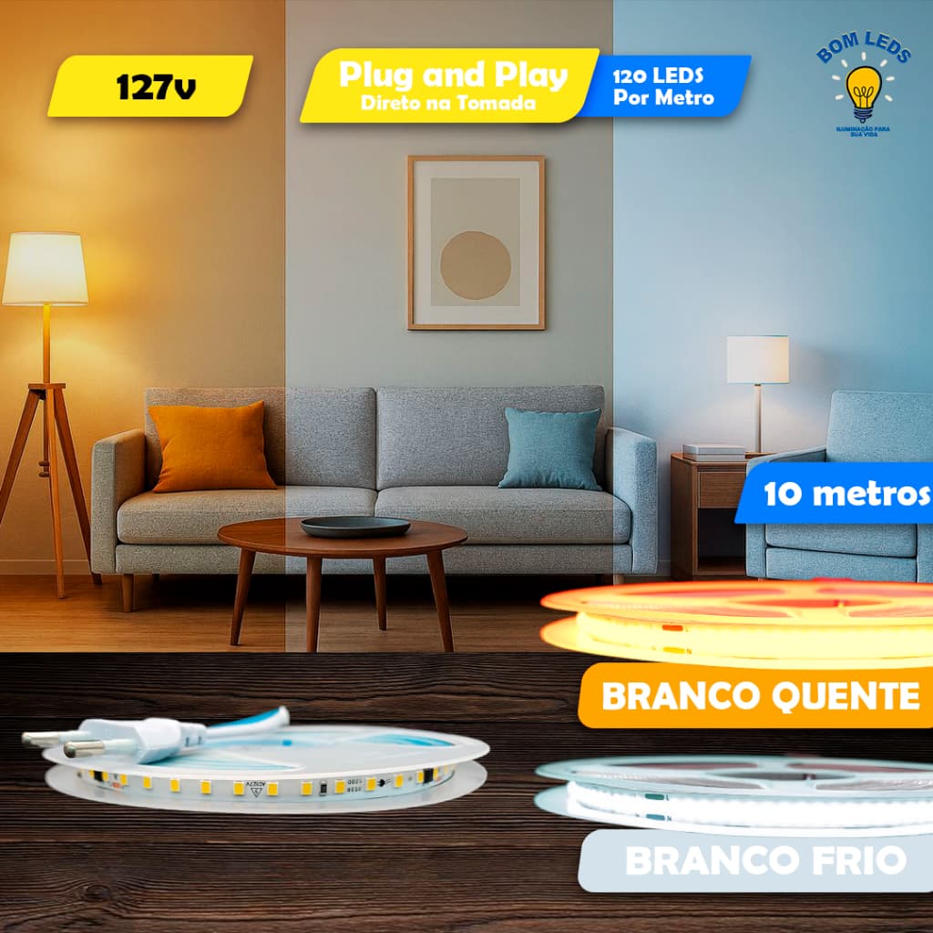 Fita LED 120 LEDs Por Metro 10 Metros 127 Volts – CE e RoHS - Branco Frio ou Quente - Plug & Play
