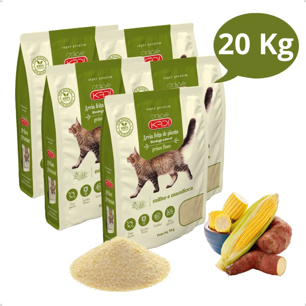 Kit 5 Areia Higiênica Natural Biodegradável de Grãos Finos de Milho e Mandioca para Gatos Kadi 4 kg
