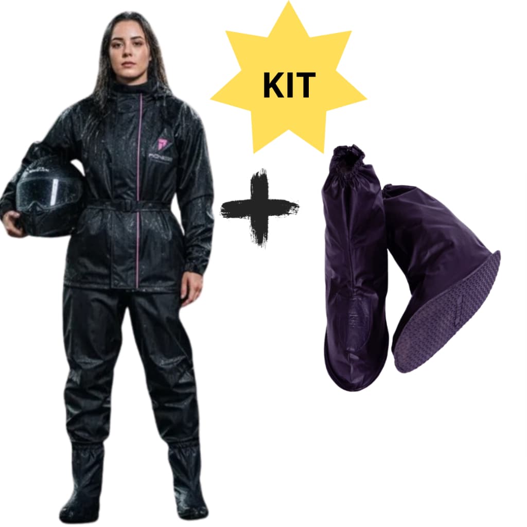 Kit Capa Roupa Conjunto Pioneira Chuva Nylon Feminina Impermeável Moto Motoqueira + Polaina Bota Pvc