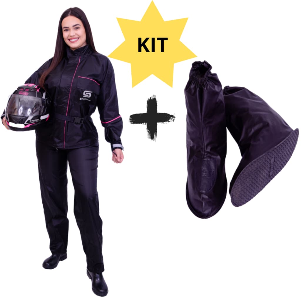 Kit Capa Roupa Conjunto Chuva Nylon Feminina Impermeável Moto Motoqueira + Polaina Galocha Bota Pvc