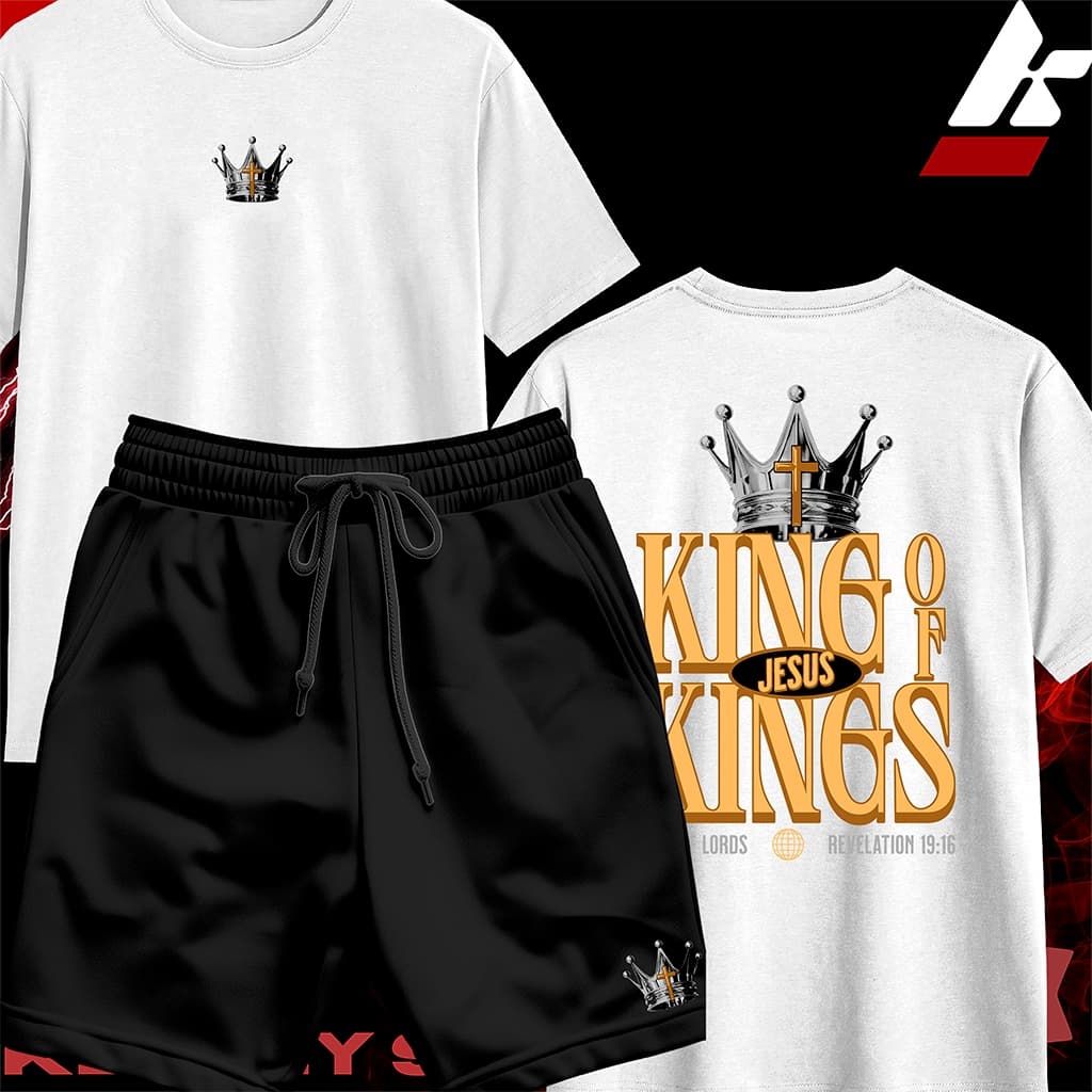 KIT Camiseta Streetwear UNISSEX 100% Algodão e Bermuda Mauricinho Estampa KING OF JESUS KINGS