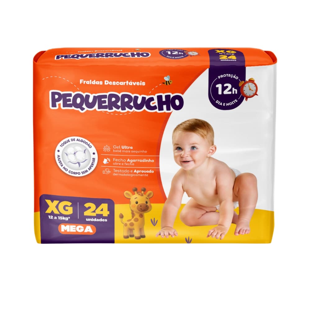 Fralda Descartável Pequerrucho Mega Tamanho XG 24 Unidades Extra Absorção Toque Algodão Conforto Dia e Noite