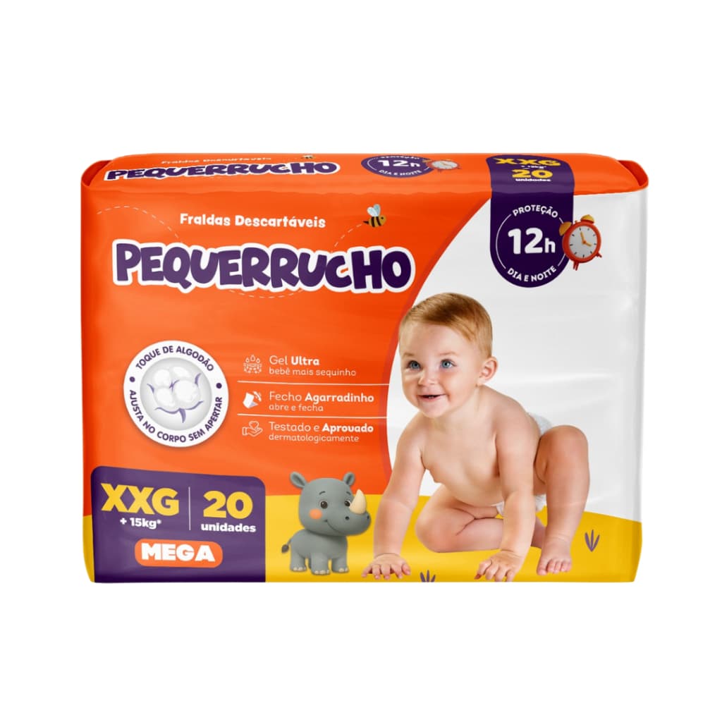 Fralda Descartável Infantil Pequerrucho Mega Tamanho XXG 20 Unidades Alta Absorção Conforto Dia e Noite Proteção Bebê