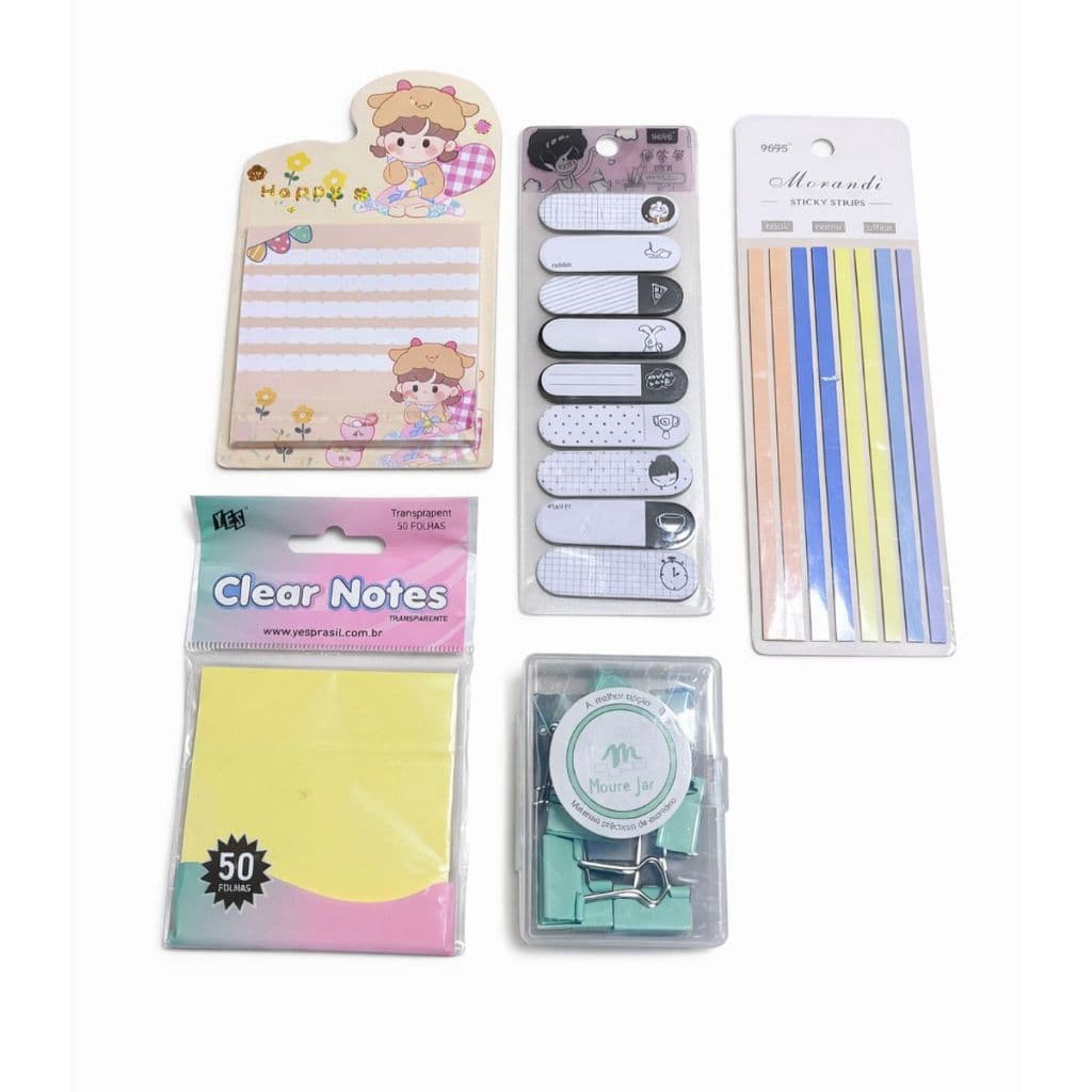 Kit Papelaria Post it Happy + Post it Black and White + Binder Clip +  Clear Notes +Sticky Strips