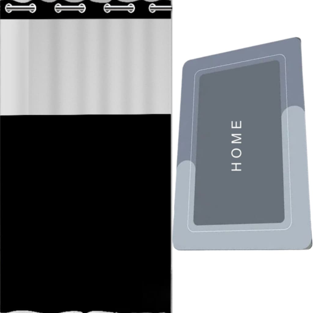 Kit Cortina Box PVC Impermeável PRETA  com Tapete Mágico Oval Neoprene Antiderrapante Absorvente Banheiro Secagem Rápida