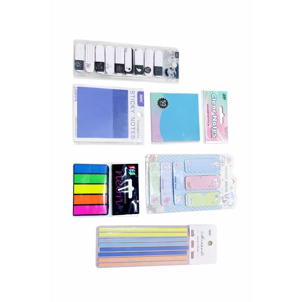 Kit Papelaria Sticky Strips +  Sticky Neon + Sticky Notes + Clear Notes + Post It Black and White + Post It Cute