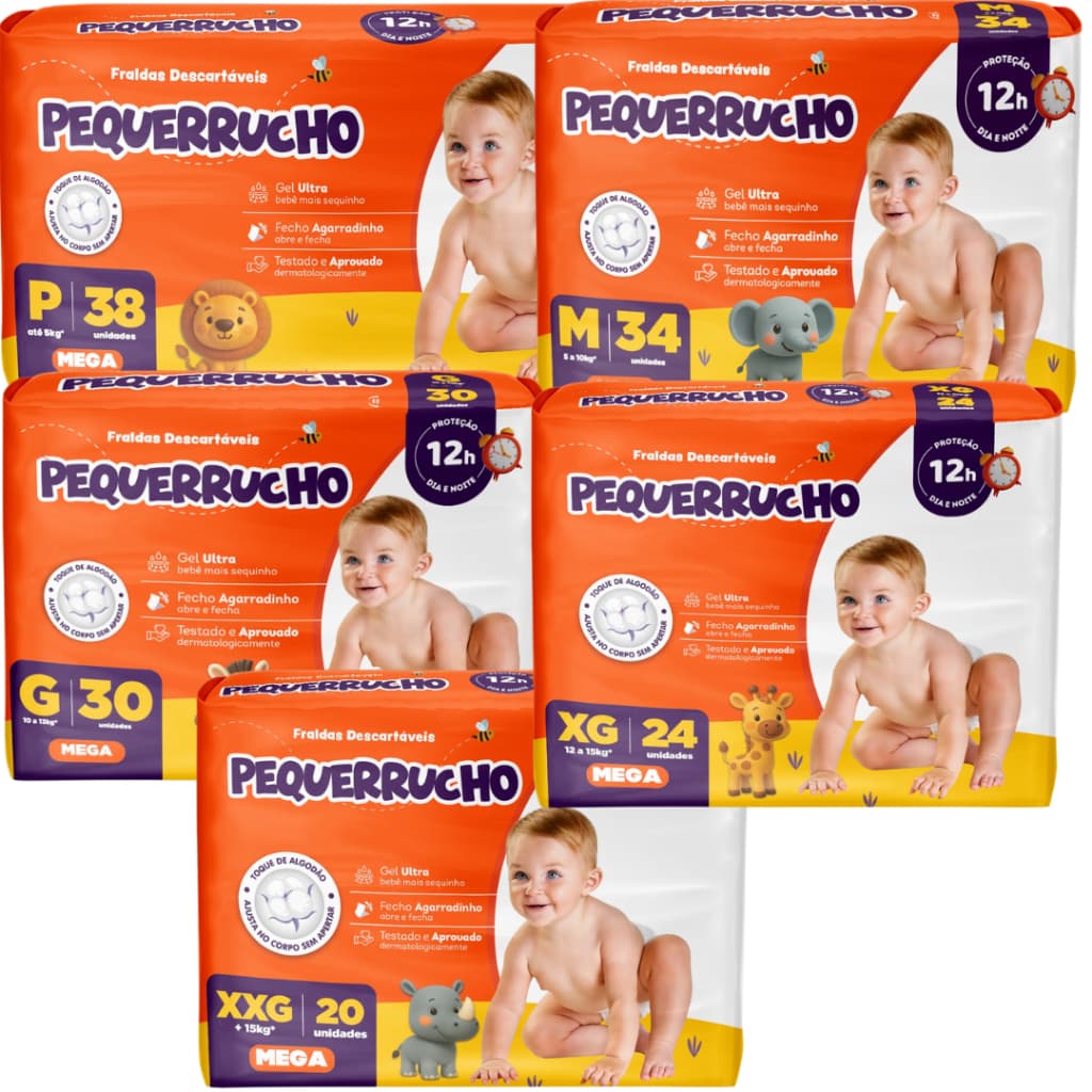 Kit 4 Pacotes Fralda Pequerrucho Mega - Atacado - Todos os Tamanhos