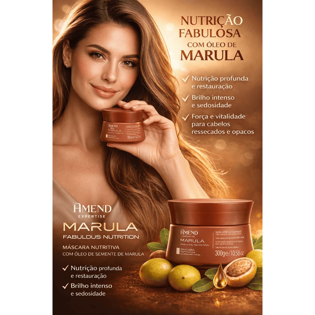 Máscara Amend Marula Fabulous 180g Hidratação Nutritiva e Disciplina para Cabelos com Frizz