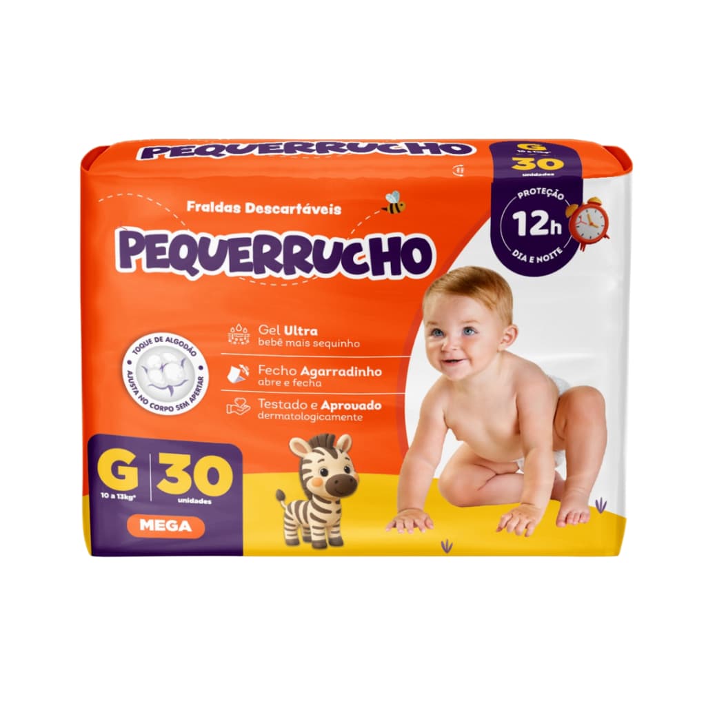 Fralda Pequerrucho Mega G 30 Unidades 9 a 13kg 12h Proteção