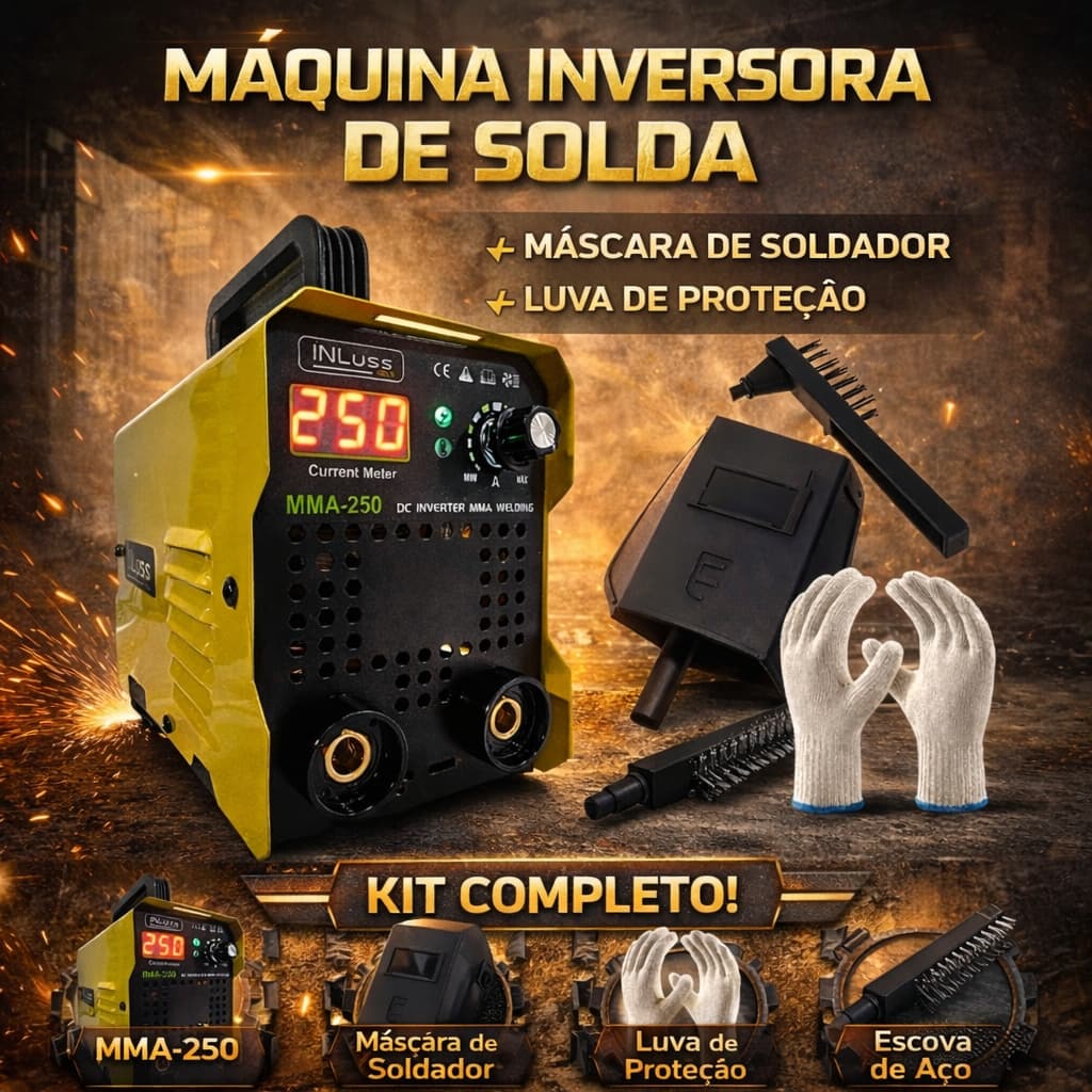 MÁQUINA DE SOLDA INVERSORA PORTÁTIL 250 AMPERES 220V COM KIT SEGURANÇA - CAPACETE LUVAS E ESCOVA