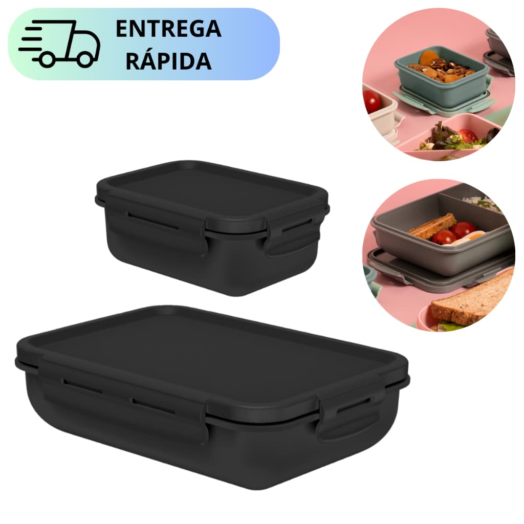 Kit Marmita com Pote Hermético com Trava e Divisória 800ml e Mini Pote Hermético 300ml Freezer Micro