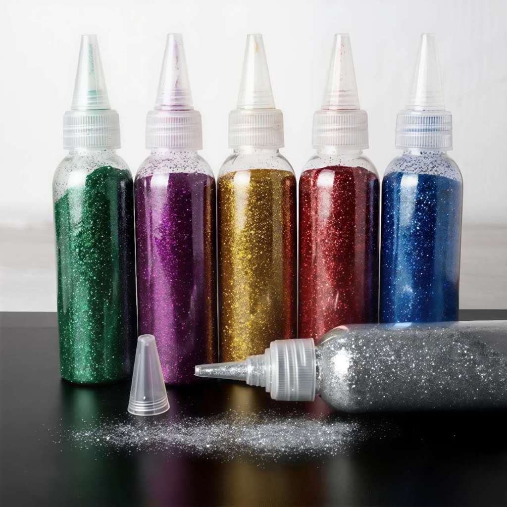 Kit Glitter com cola 6 Cores em Bisnaga com Bico Dosador para Make, DIY, Carnaval e Decoração