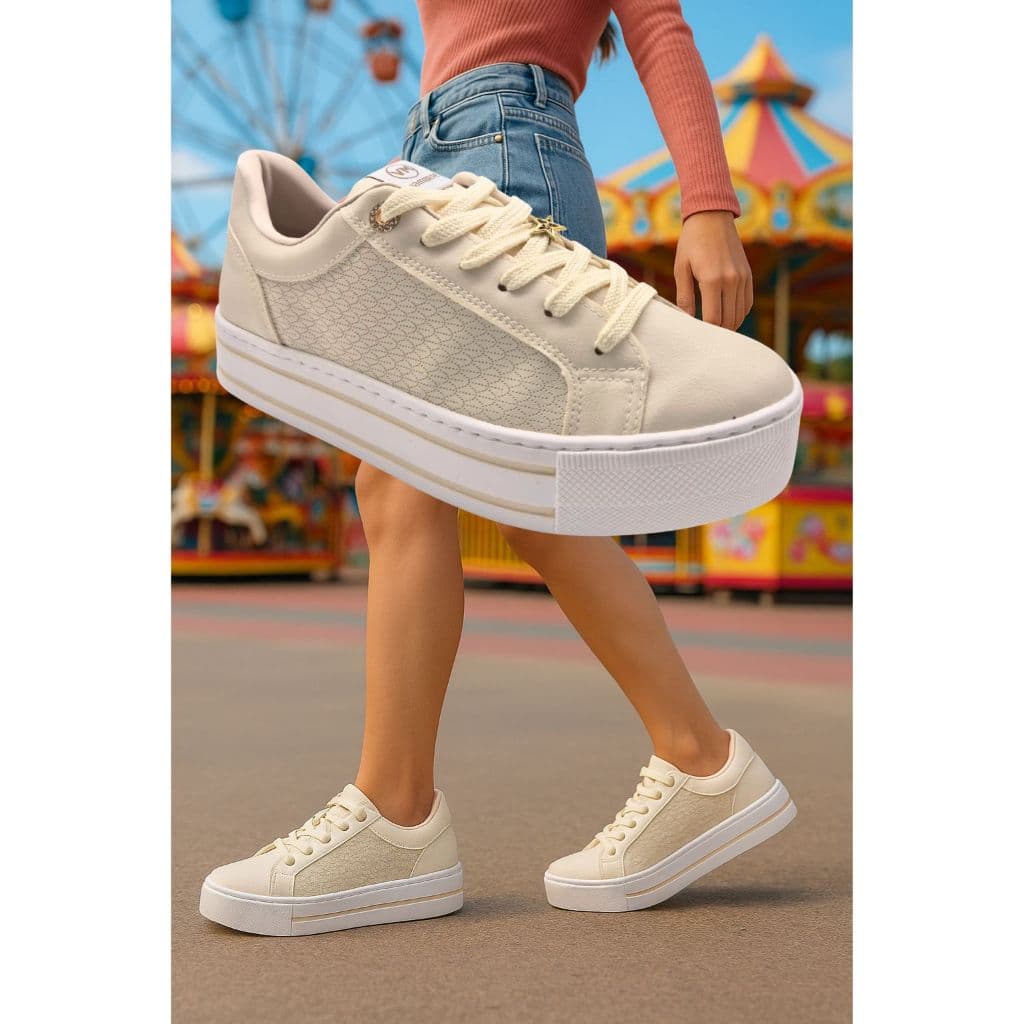 Tênis Via Marte Feminino Amarrar Plataforma Original Fashion Estrela Sola Alta Confortável Marfim