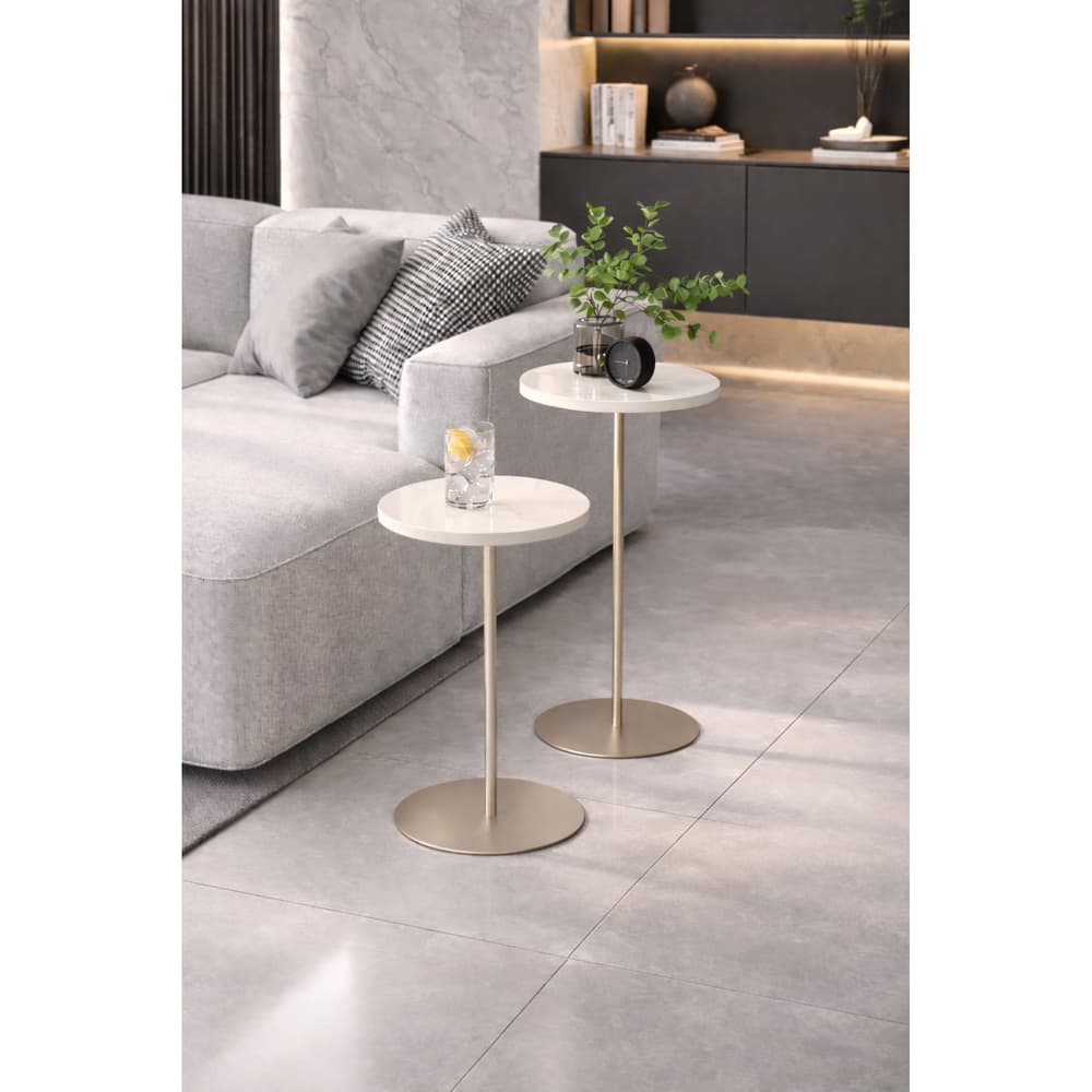 Kit 2 Mesa Luna Champanhe Tampo Off White Apoio e Lateral Canto de Sala Poltrona Sofa Cama Quarto