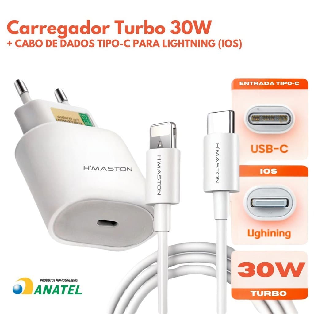 kit 2 Carregador Turbo 30W Lightning USB-C OU tipo c\ tipo c  para iPhone ou Android