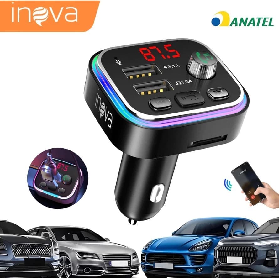 INOVA Carregador Transmissor Veicular MP3 Player Bluetooth RGB 18W INOVA CAR-3465