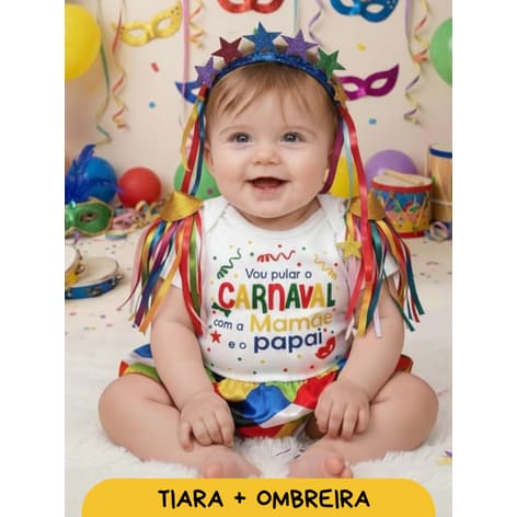 Conjunto Fantasia Carnaval Bebê Menina - Body Personalizado + Tiara Estrela + Ombreira Colorida - Kit Mesversário Bloqui