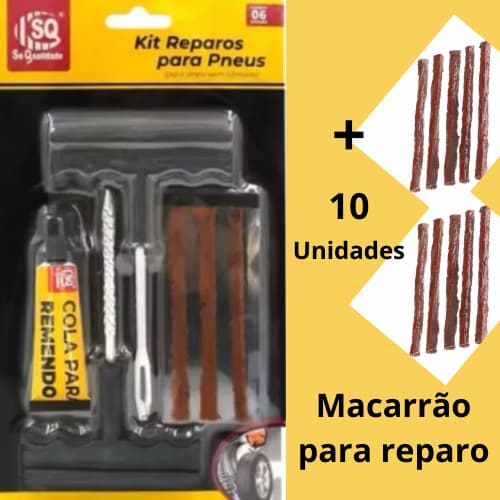 Kit Reparo para  Pneu sem Câmara Carro Moto Bike +10 Refil Selante Remendo Macarrão