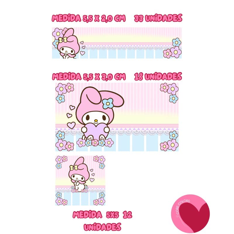 kiit 63 etiquetas escolares adesivas personalizada-temas Stitch/Unicórnio/Ursinho Pooh/Alice/Capivara/Melody/Hello Kitty