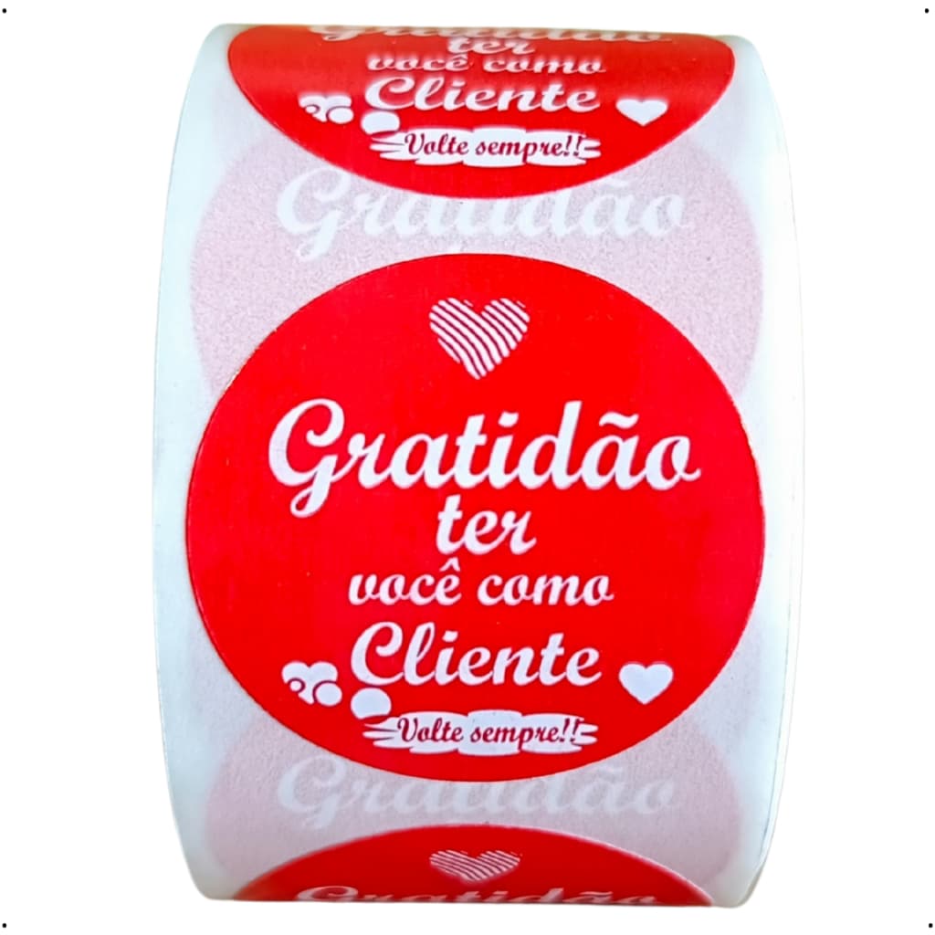 500 ADESIVOS COM FRASE GRATIDÃO TER VOCÊ COMO CLIENTE papel couchê 30x30mm FUNDO VERMELHO