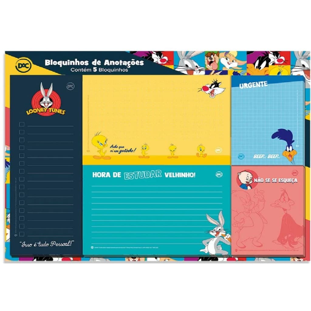 Bloco de Anotações Modelos Looney Tunes - Destacável - Kit c/ 5 blocos - Tamanho Médio