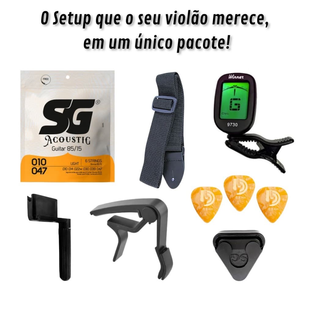 Kit Violão Completo: Cordas SG .010 + Afinador + Capotraste Dolphin + Correia + Acessórios