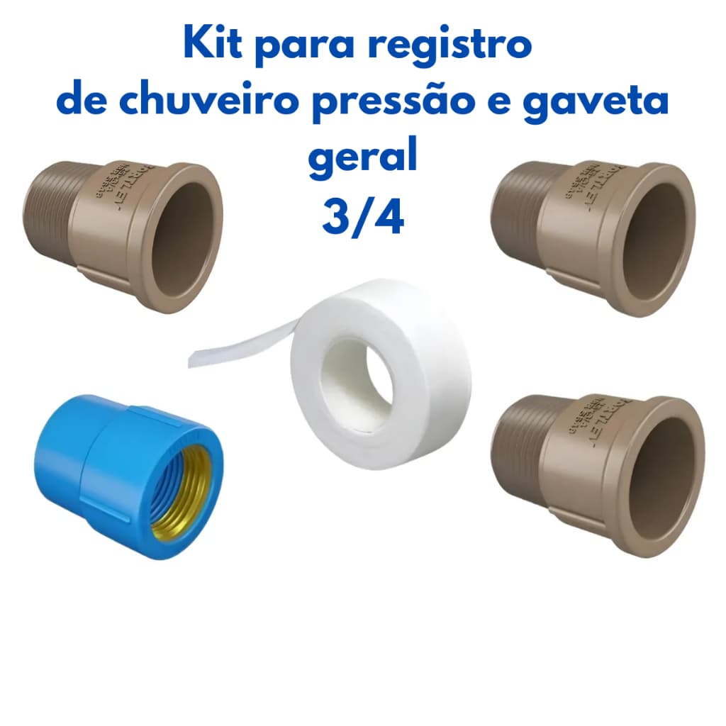 Kit 1 Luva Azul 25mm x 3/4 + 3 Adaptador Para Registro 3/4 Fita Veda Rosca Teflon Chuveiro Pressão e Gaveta