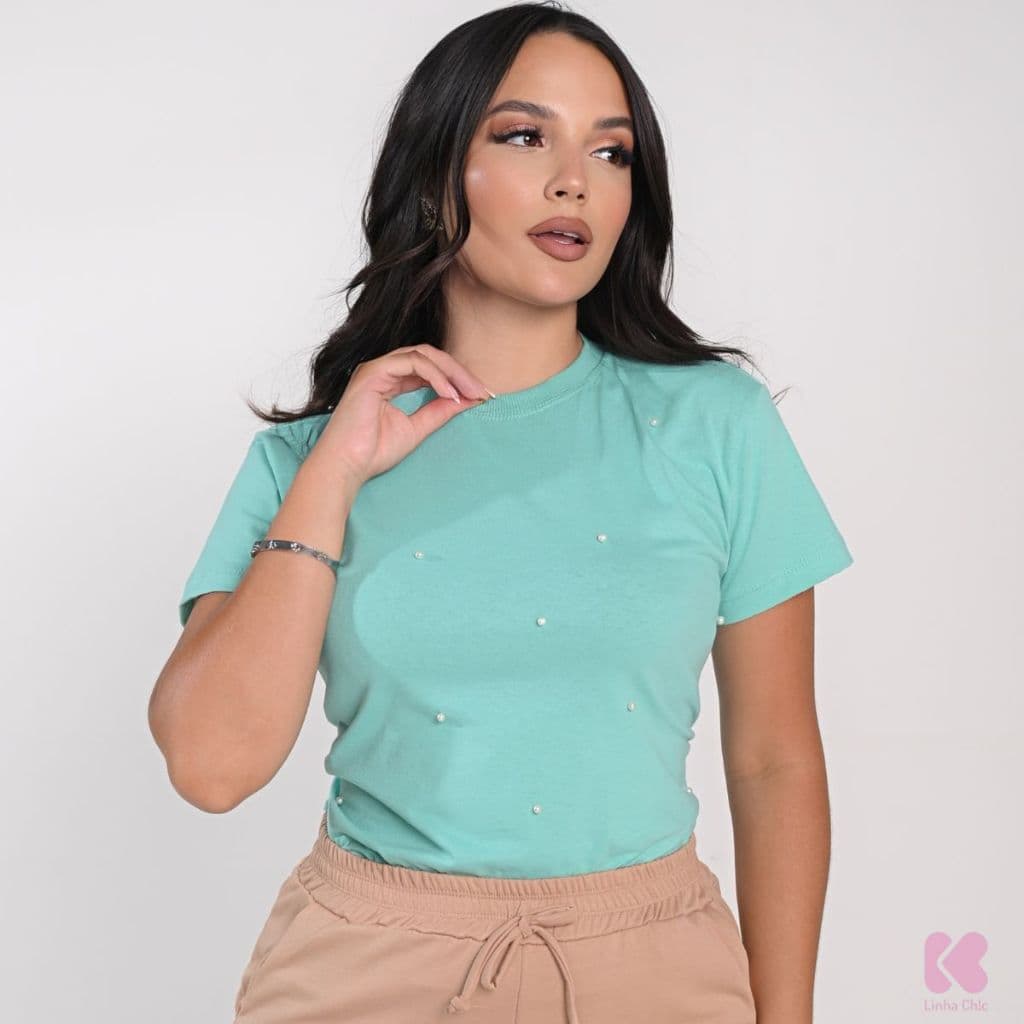 Camiseta Feminina 100% Algodão com Pérolas Confortável Estilosa Casual Elegante Blusa Blogueira Lisa T shirt Luxo