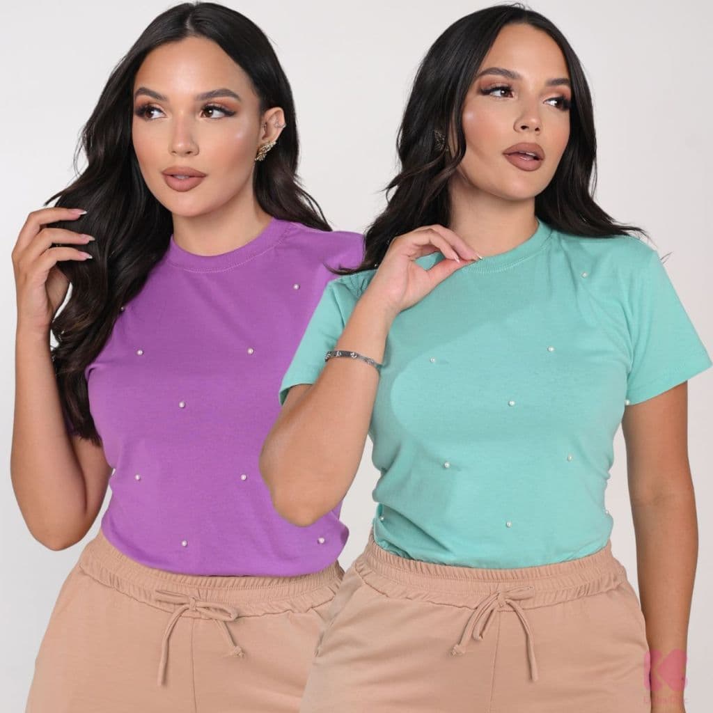 Kit 2 Blusa Feminina 100% Algodão com Pérolas Confortável Estilosa Casual Elegante Blogueira Lisa T shirt Luxo Camiseta