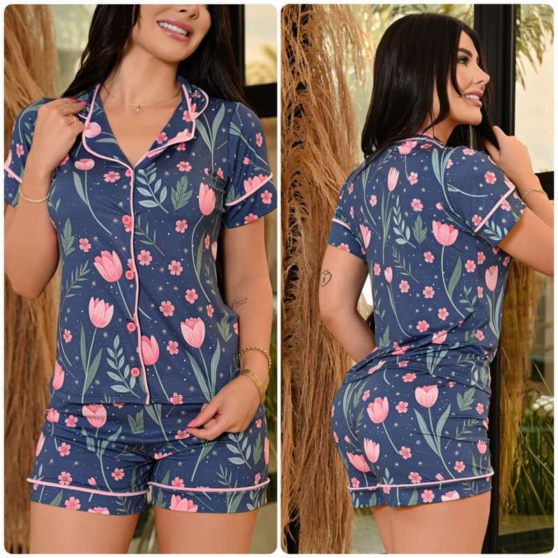 Pijama americano de short pós operatório puerpério amamentação short doll blogueira moda envagelica