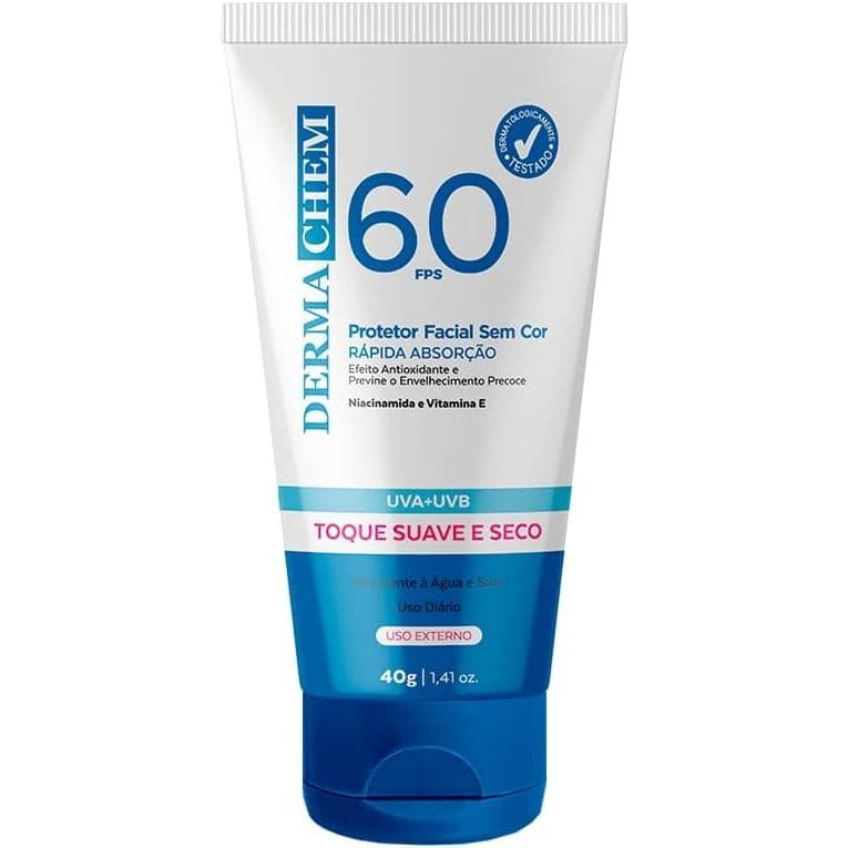 Protetor Solar Facial Sem Cor | Toque Seco | Dermachem FPS 60 – Alta Proteção UVA/UVB | Uso Diário 40g