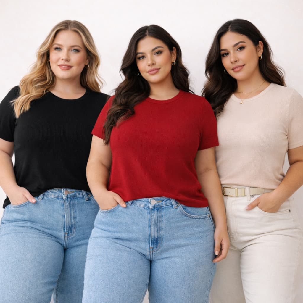 Kit 2 Camisetas Plus Size Canelada Modinha Feminina Manga Curta Soltinha Gola Redonda