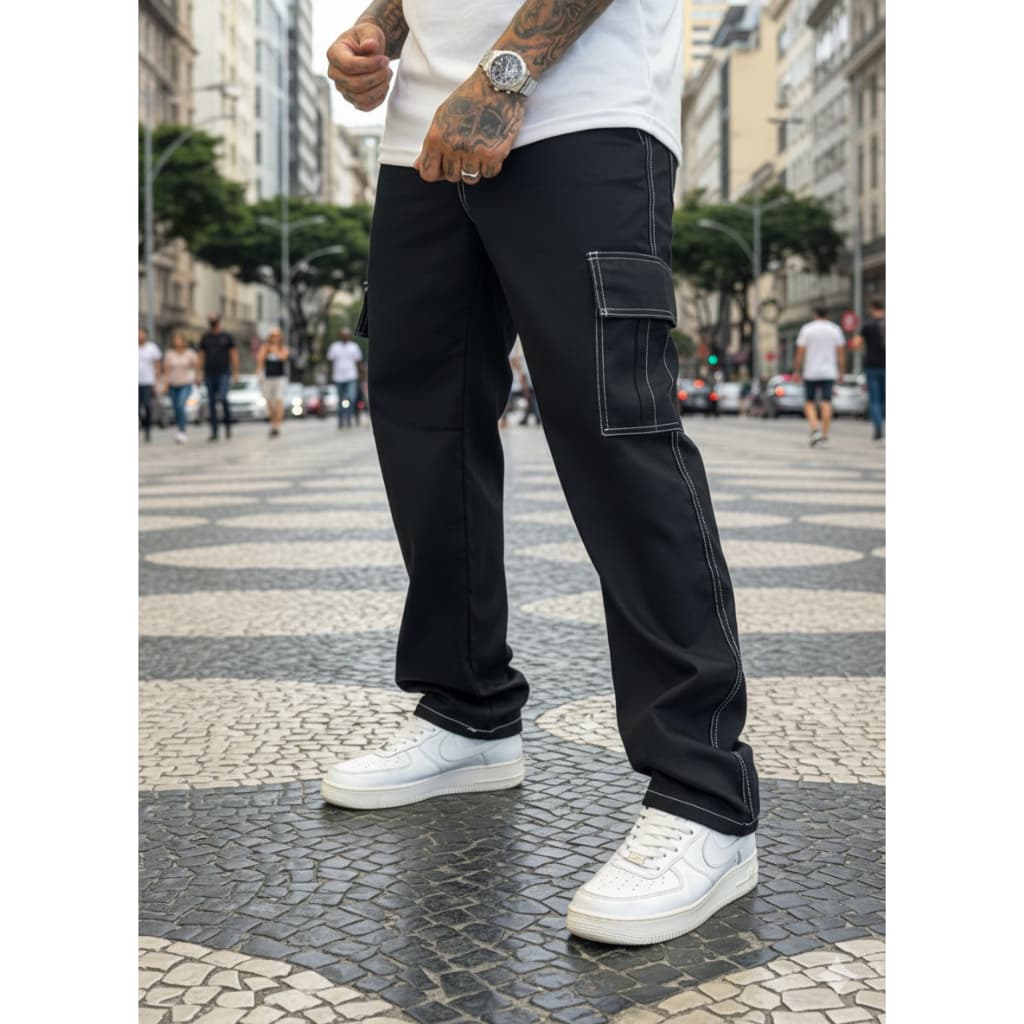 Calça Cargo Masculina Sarja Premium Preta Costura Branca Streetwear Urbana
