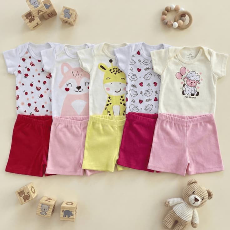 Conjunto Roupa Infantil Bebê Menina (Body + Short) | Suedine 100% Algodão P ao GG