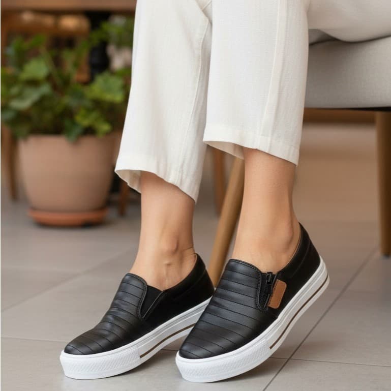 Tênis Sapatilha Feminino Slip On com Zíper Confortável e Macia – Envio em 24h