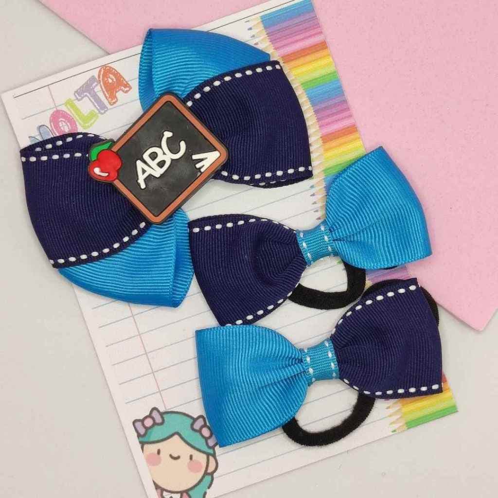 KIT 3 LAÇOS ESCOLAR AZUL MARINHO VOLTAS AS AULAS NO BICO DE PATO E NA XUXINHA GOMINHA RABICO