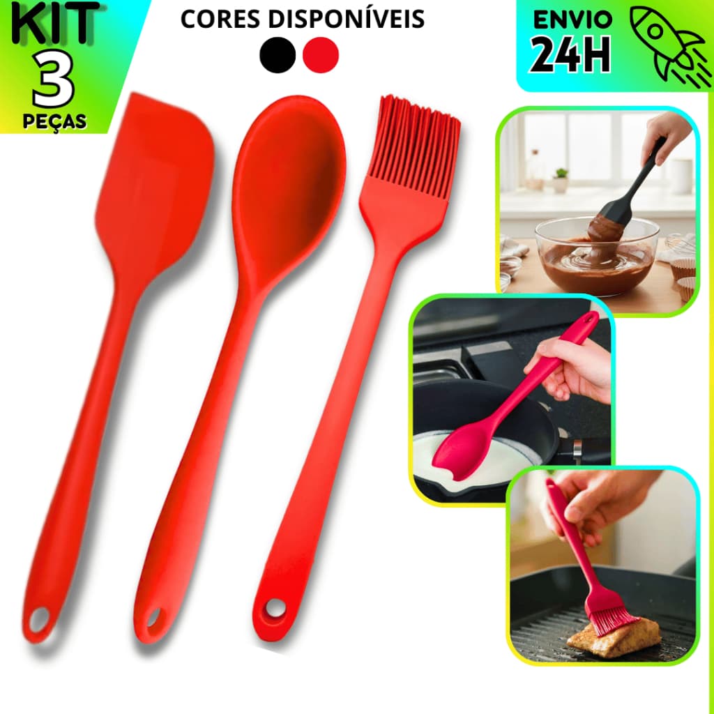 Kit Utensílios Silicone 3 Peças | Colher, Pincel e Espátula Pão Duro Resistente Alta temperatura
