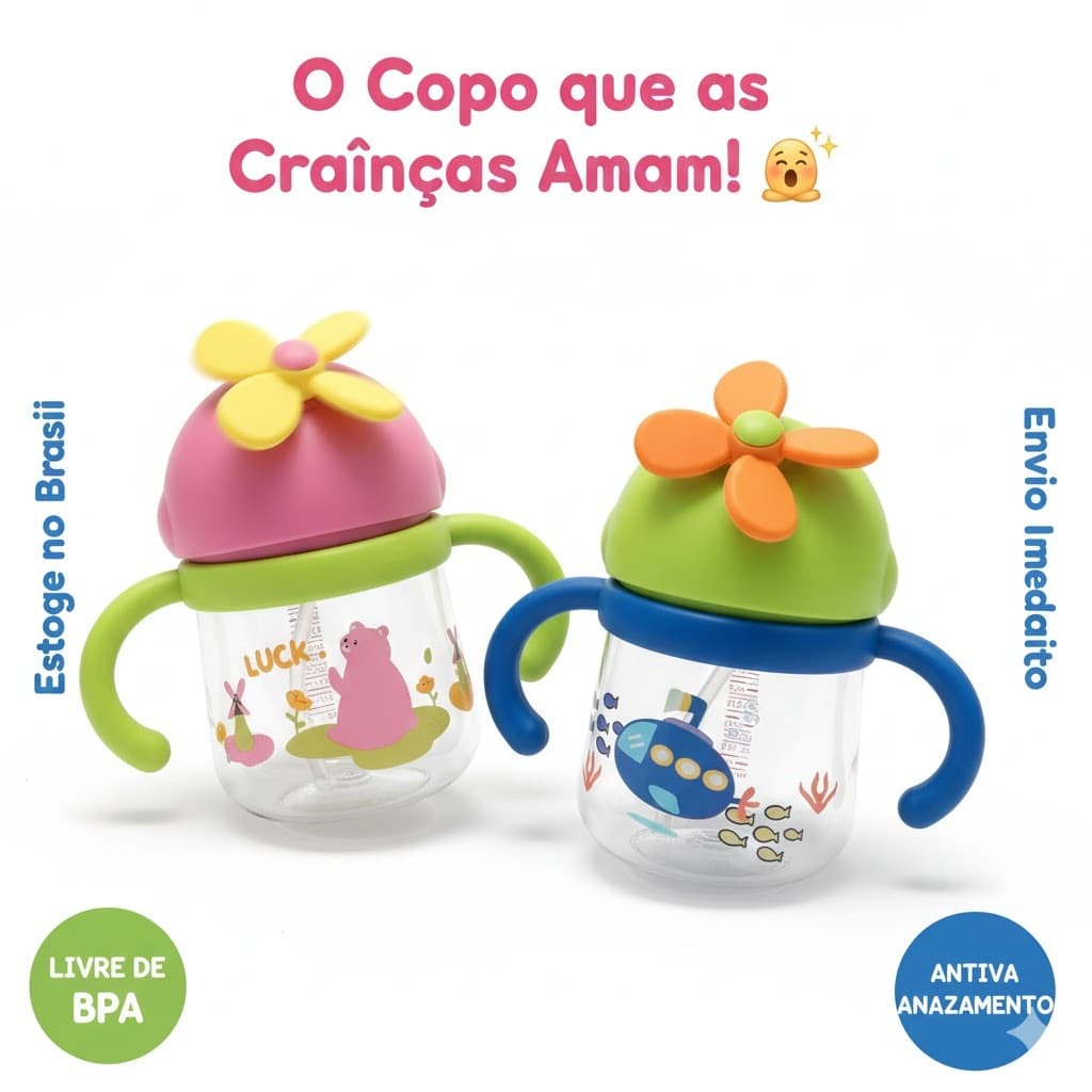 Copo infantil com canudo de silicone 500ml-Alça Removível