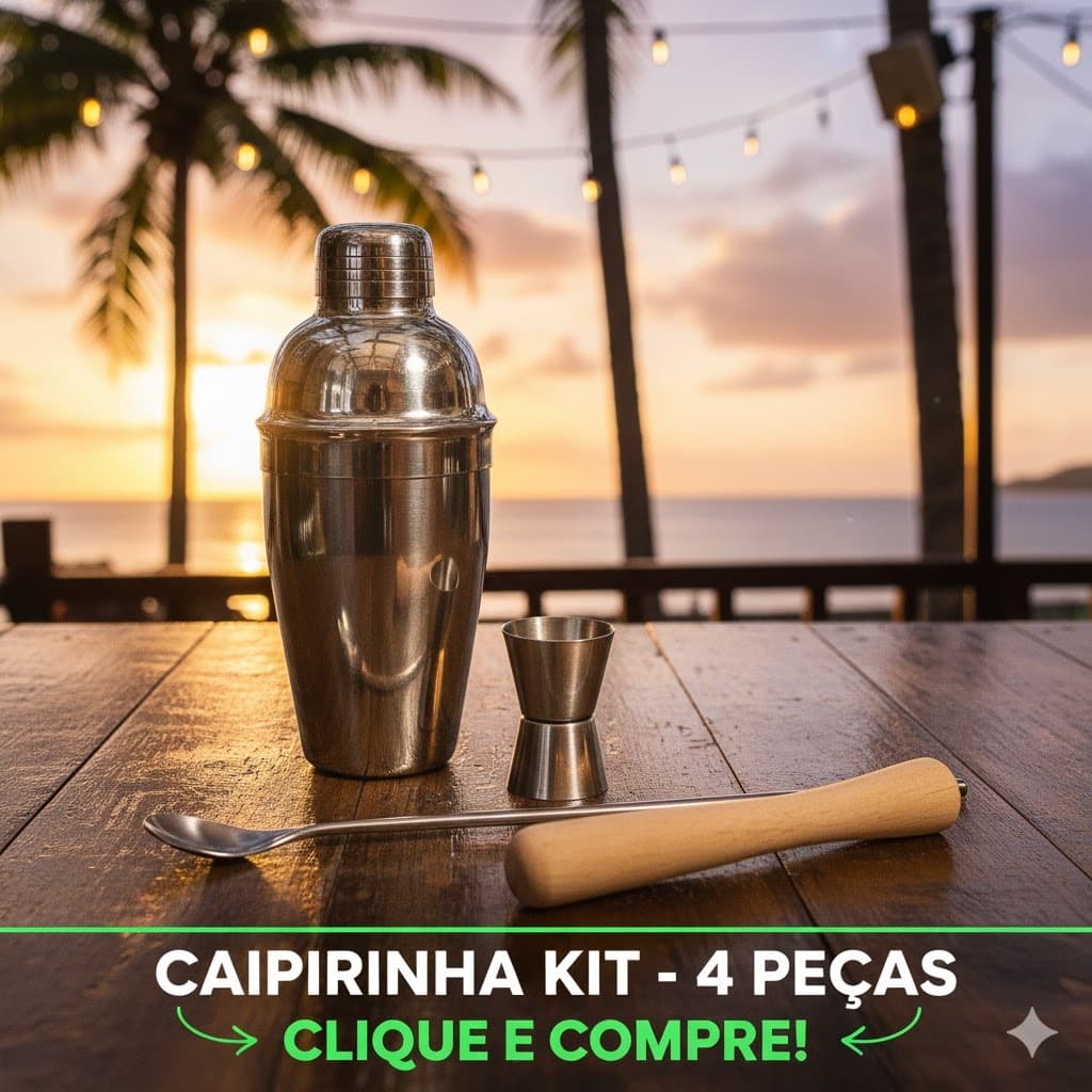 Kit Bar 4 Peças para Drinks – Coqueteleira 500ml + Dosador 25/50ml + Colher Bailarina 30cm + Socador de Madeira