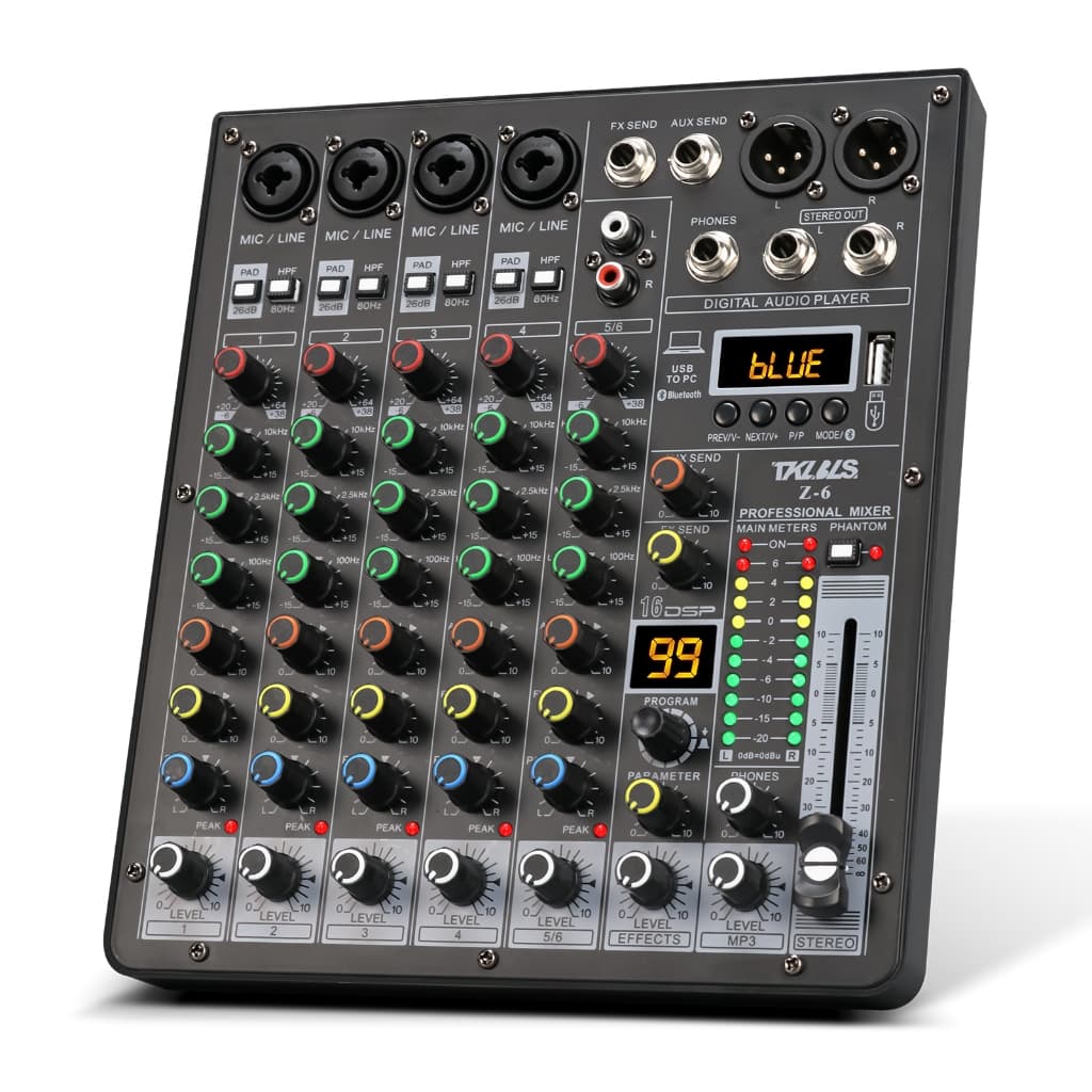 Mesa de som Z6 6 canais Com Mixer Equalizador Efeitos Mp3 alimentação 48v Bluetooth PC USB 12V TKLBLS