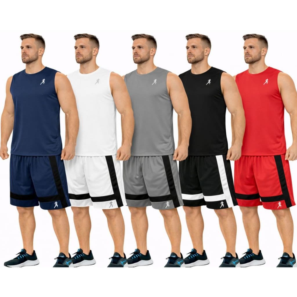 Kit 5 ou 3 Bermudas Shorts Dry Fit Dupla + 5 ou 3 Regatas Masculinas Academia - Conjunto