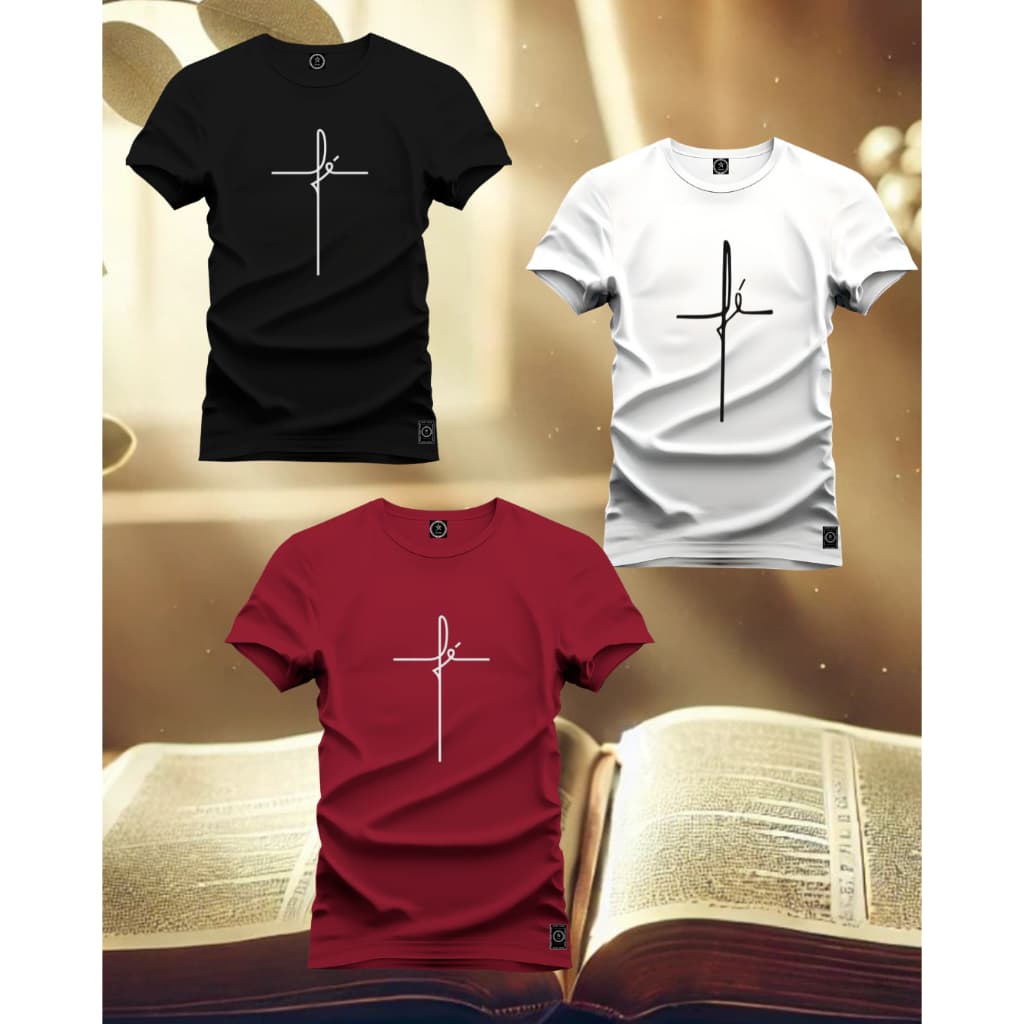 Kit Camiseta Algodao Unissex Fé - P ao G3, Infantil 2 ao 14